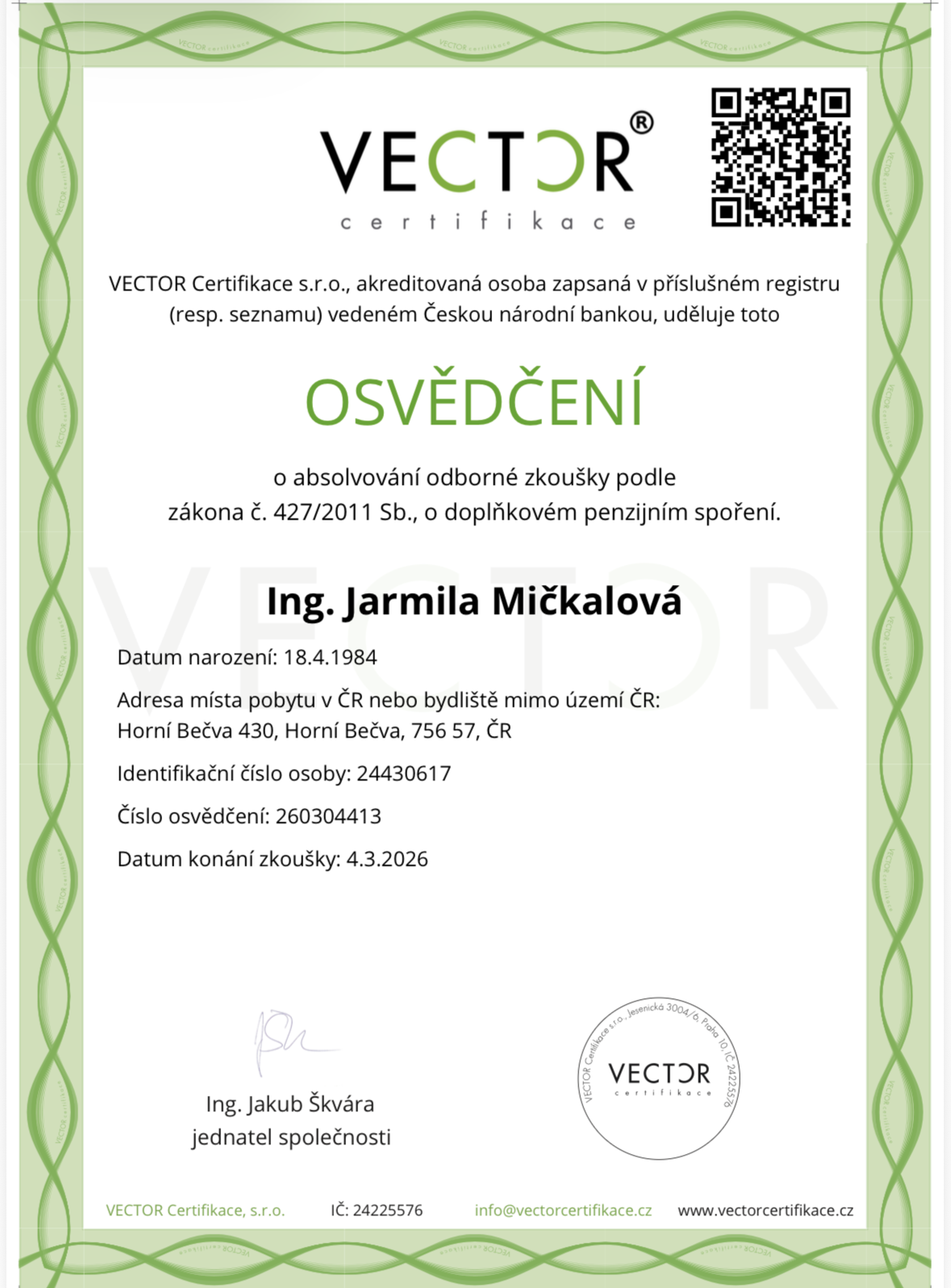 Osvědčení VECTOR o odborné zkoušce z doplňkového penzijního spoření
