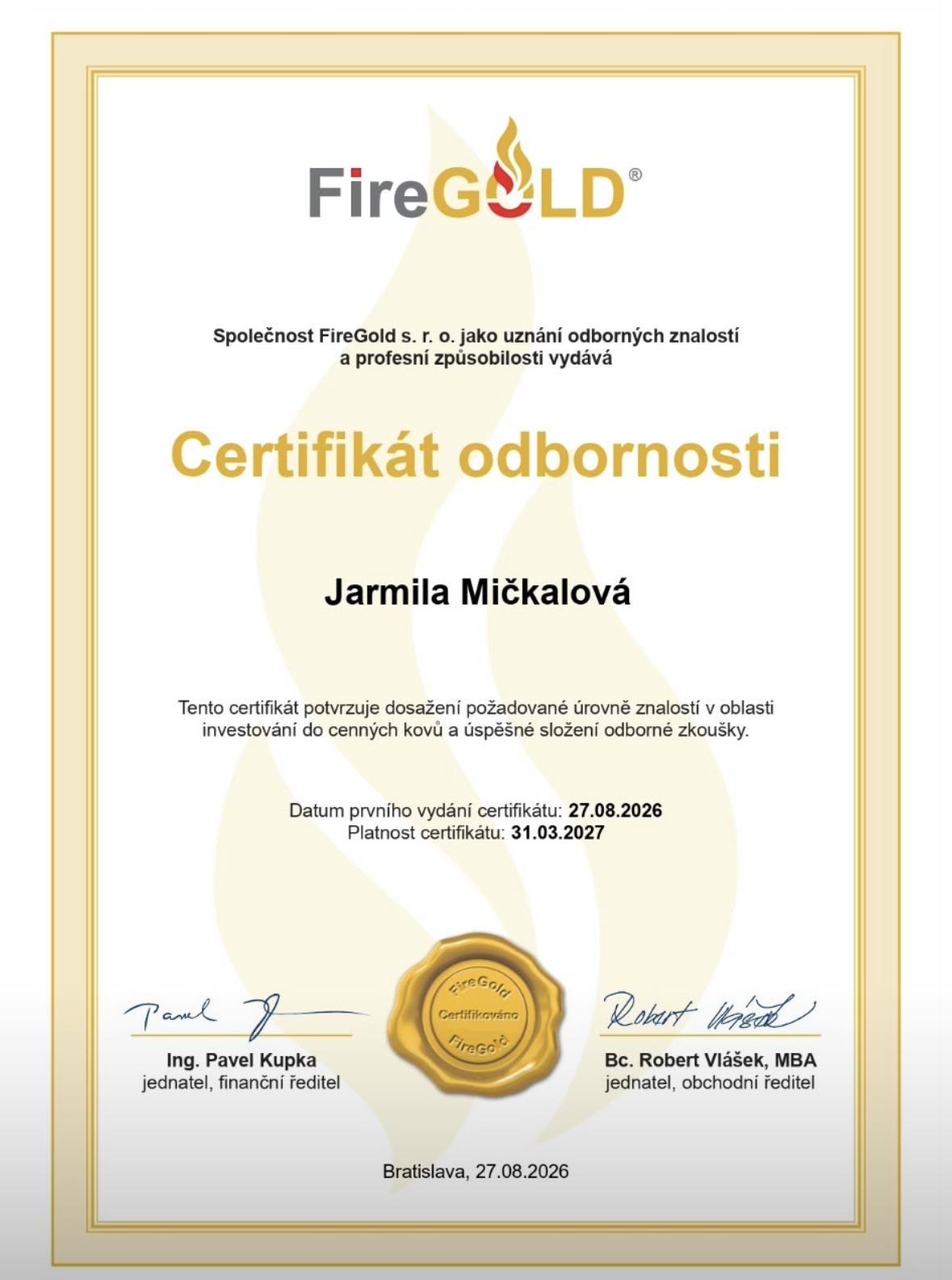 Certifikát odbornosti FireGold pro investování do cenných kovů
