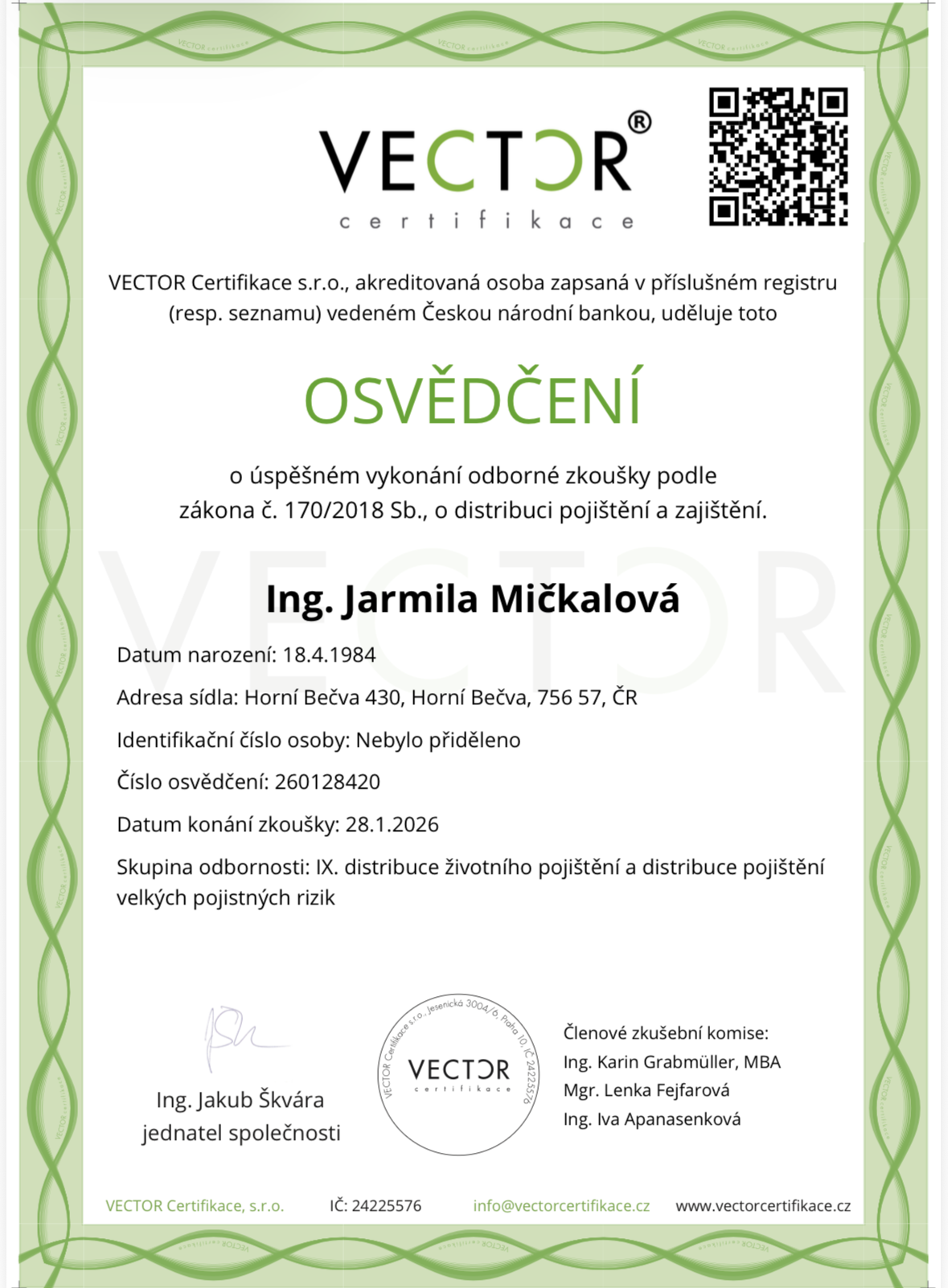 Osvědčení VECTOR o odborné zkoušce z distribuce pojištění a zajištění