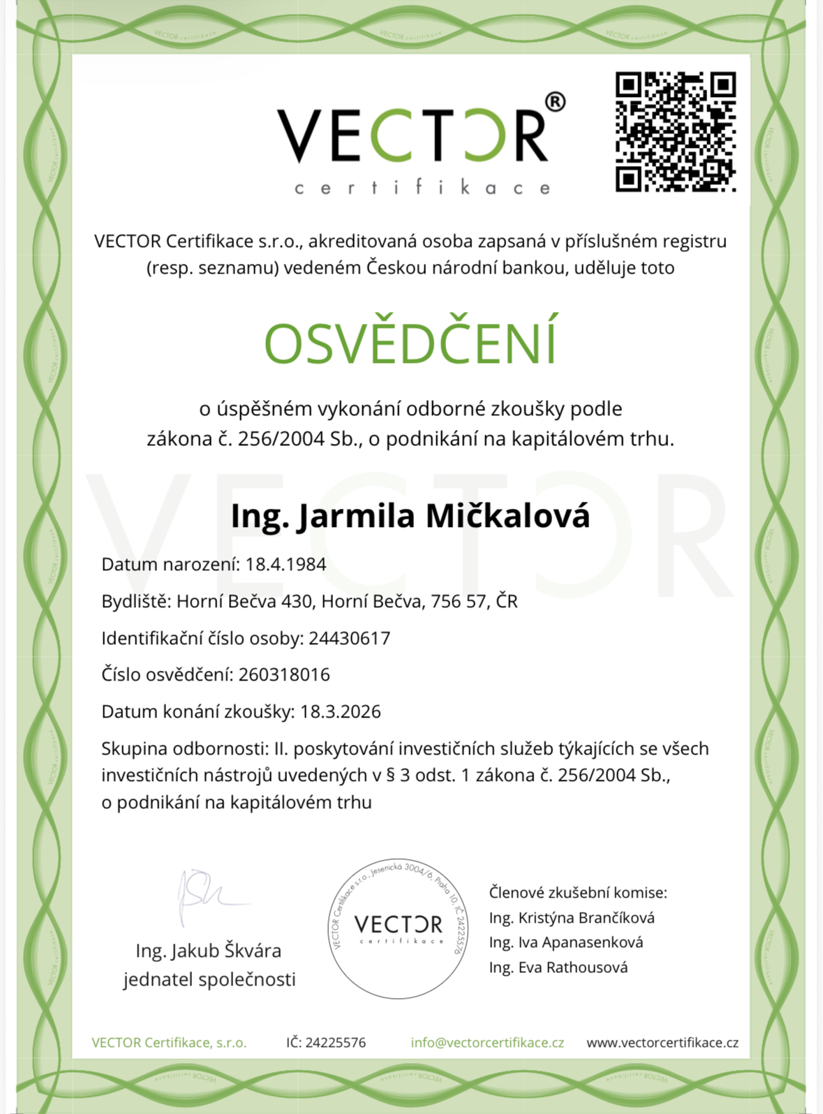 Osvědčení VECTOR o odborné zkoušce pro podnikání na kapitálovém trhu